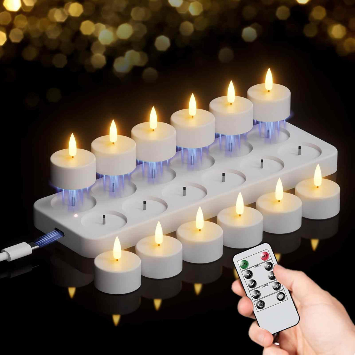 GenSwin 12 rechargeable tea lights resting on the charging base for easy charging.