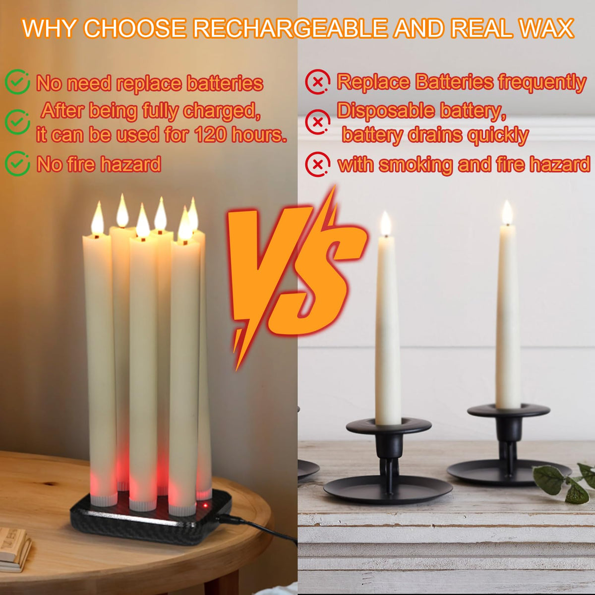 GenSwin six-pack ivory taper candles on charging base for energy-efficient decor.