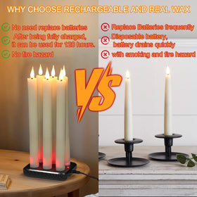 GenSwin six-pack ivory taper candles on charging base for energy-efficient decor.
