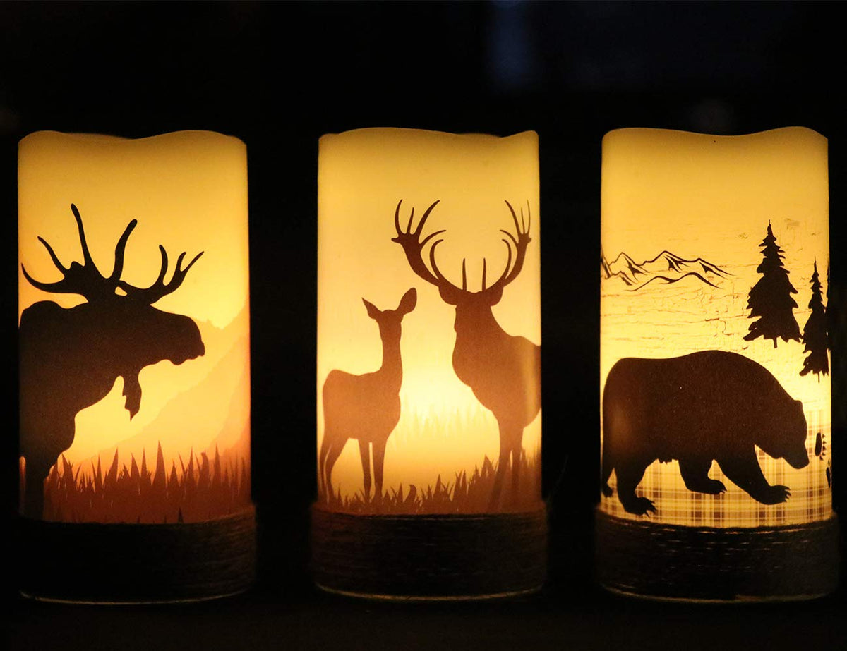 GenSwin flameless candles with bear decal creating cozy cabin vibes safely