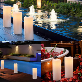 GenSwin large outdoor flameless candle on patio table at dusk