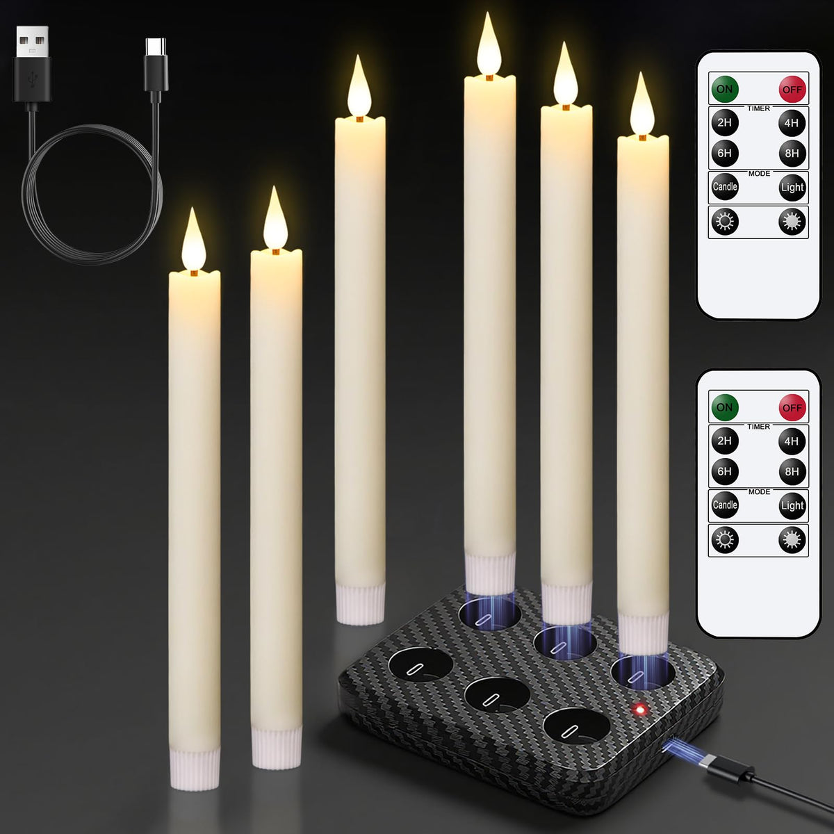 GenSwin rechargeable taper candle with charging base glows softly for long-lasting ambience.