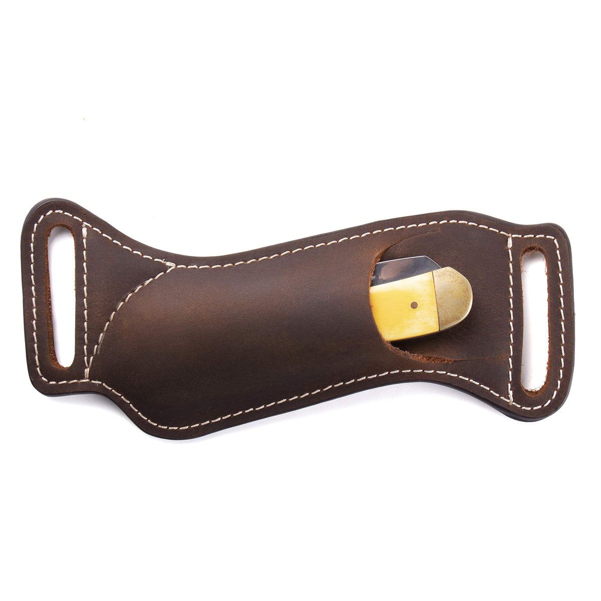 Gentlestache leather knife sheath on belt enables quick access and secure carry.