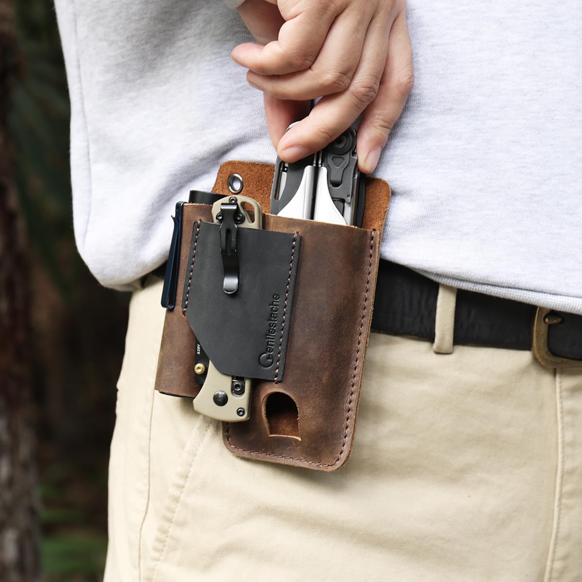 Gentlestache 3-in-1 multitool sheath with flashlight and pen pockets.