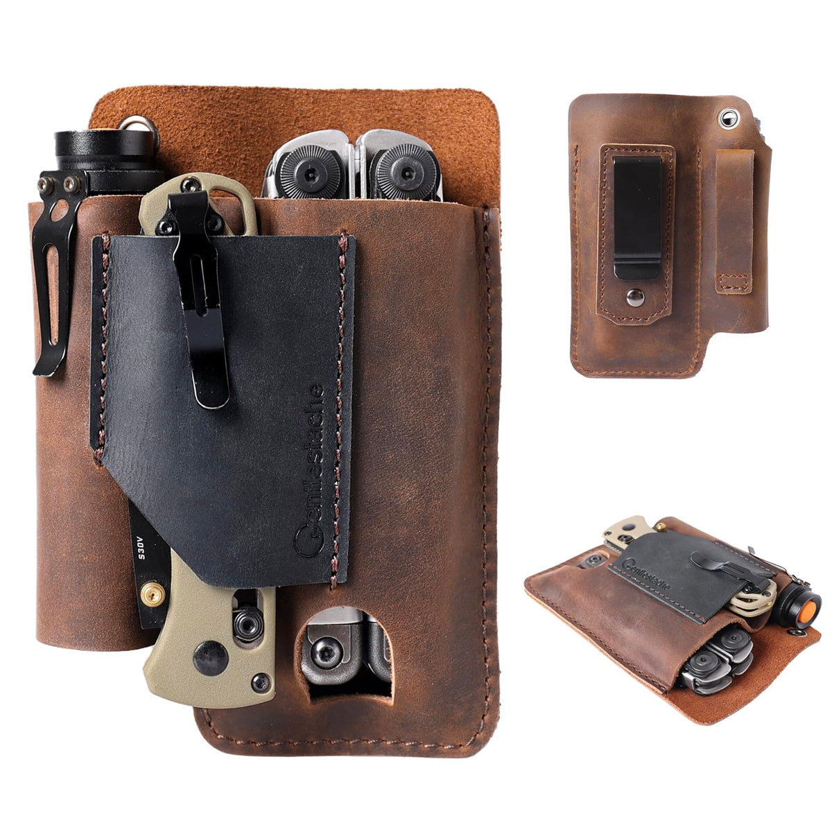 Gentlestache leather multitool sheath on belt clip for quick access.
