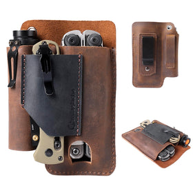 Gentlestache leather multitool sheath on belt clip for quick access.