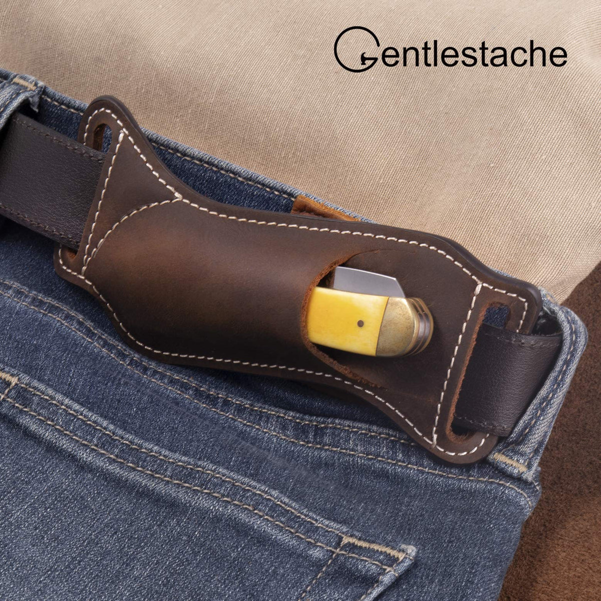 Gentlestache pocket knife holder ready for everyday carry.