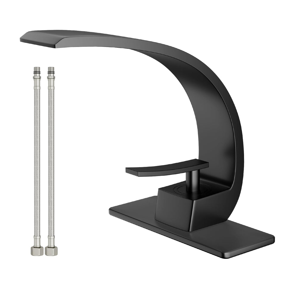 Geobella bathroom faucet with modern arc design in matte black, fingerprint-resistant.