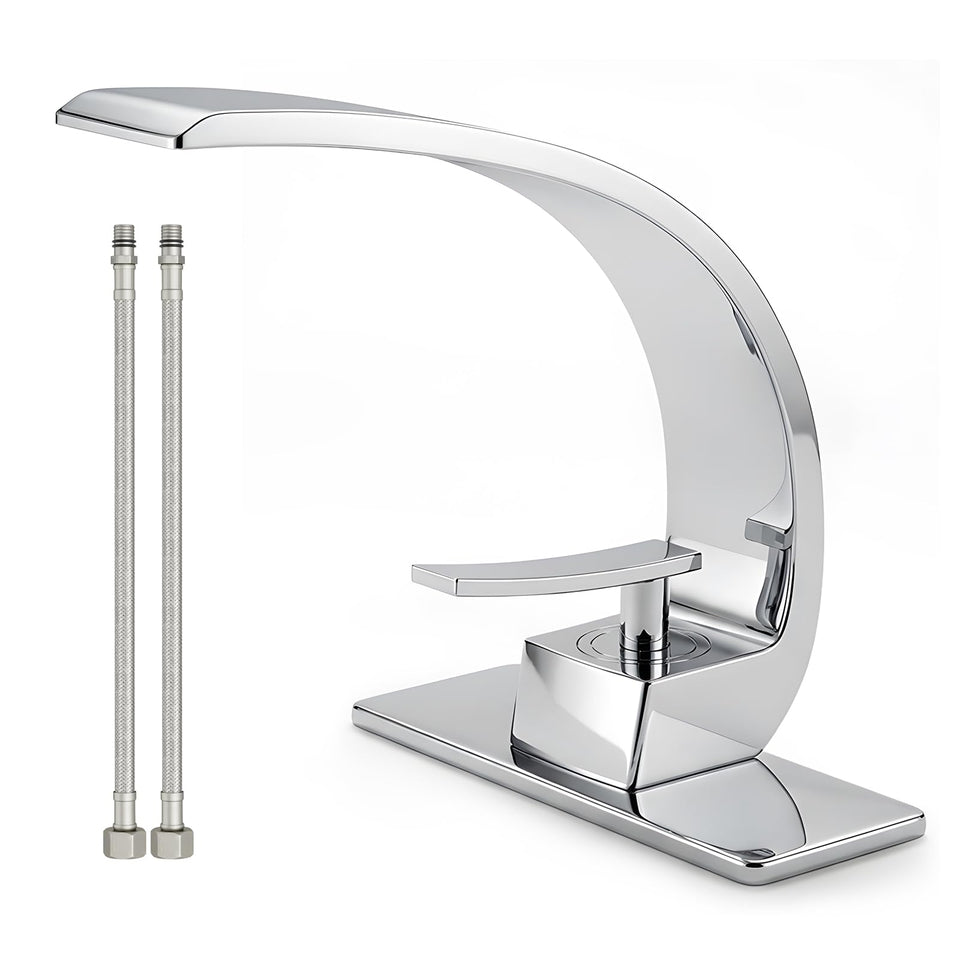 Geobella faucet front view shows sleek chrome and curved design for modern baths