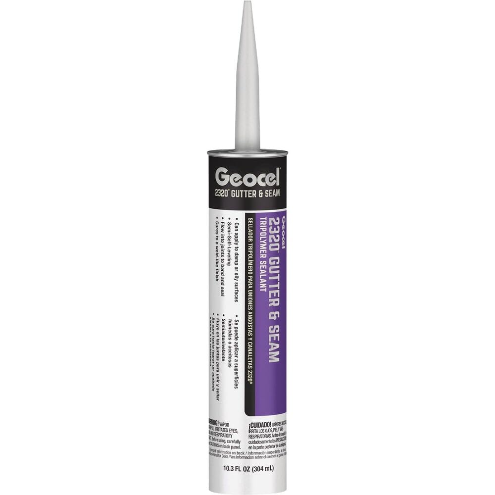 Geocel 2320/2321 gutter sealant on metal seam for durable sealing and weather resistance.