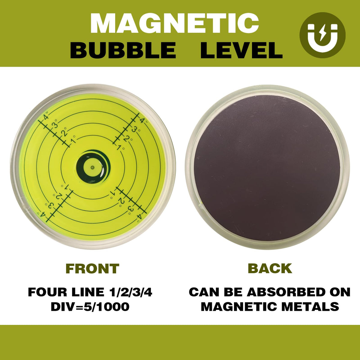 Geouniver Bullseye level with magnet back for hands-free use on metal surfaces.