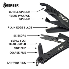 Gerber Dime 12-in-1 plain-edge blade for versatile cutting on hikes