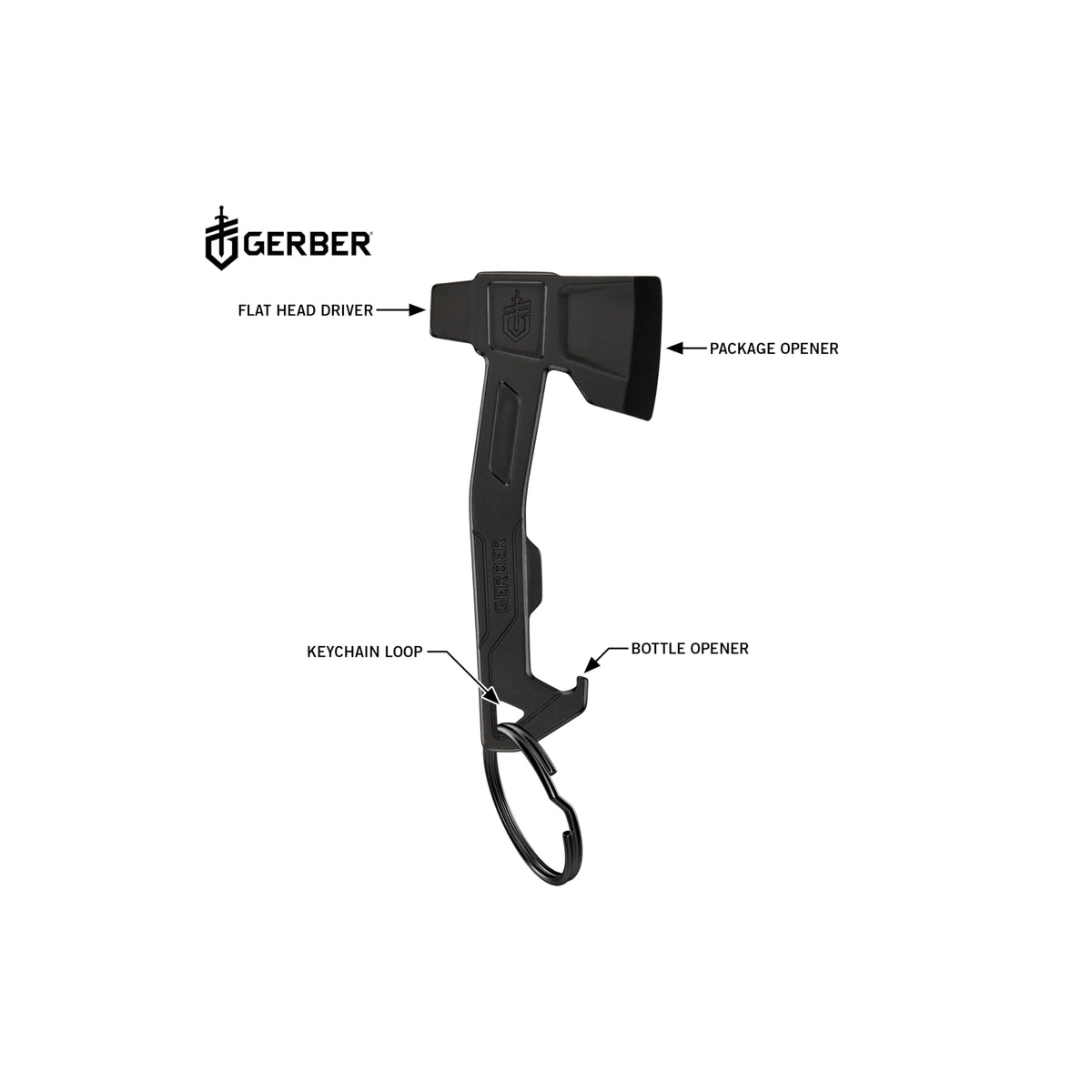 Gerber Hatchet Keychain showing flat head driver for quick screw adjustments