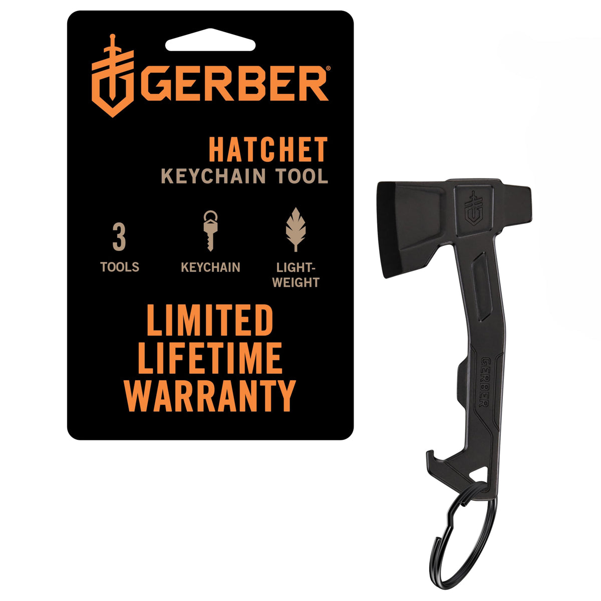 Gerber Gear Hatchet Keychain with package opener in action for mail tasks