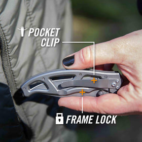 Gerber Paraframe I 3-inch drop-point blade for versatile cuts.