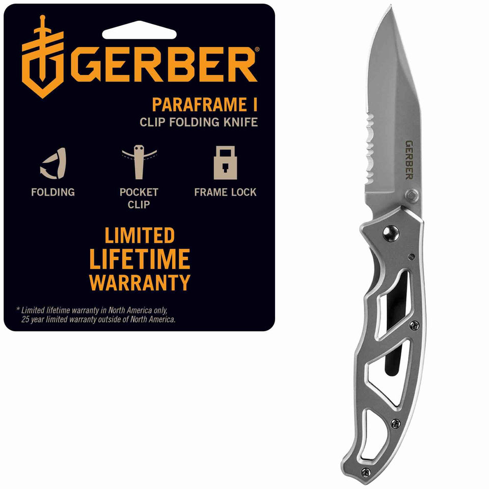 Gerber Paraframe I serrated blade ready for tough cuts in outdoor tasks.