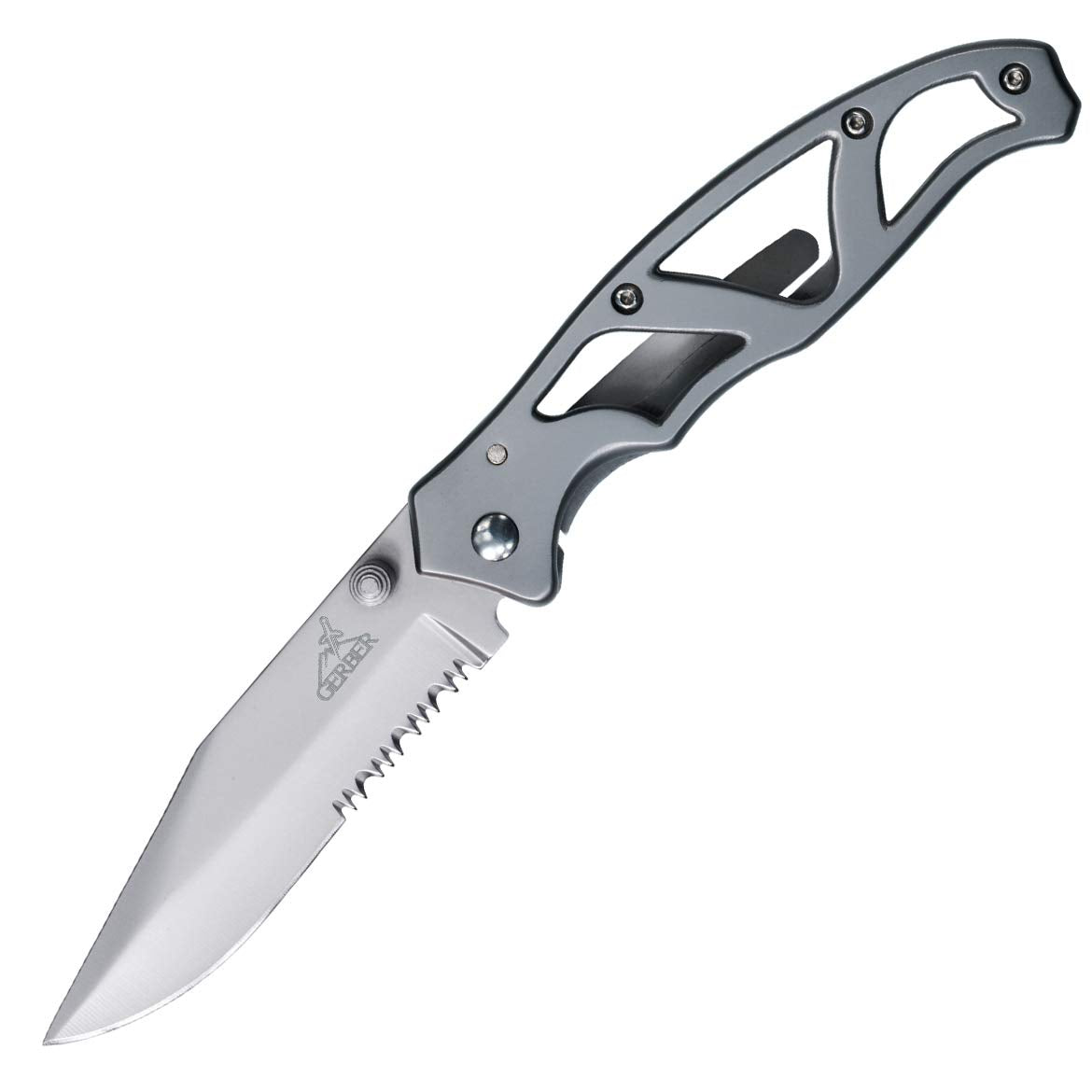 Gerber Paraframe II serrated blade for fast cutting tasks.