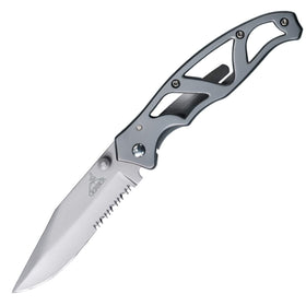 Gerber Paraframe II serrated blade for fast cutting tasks.