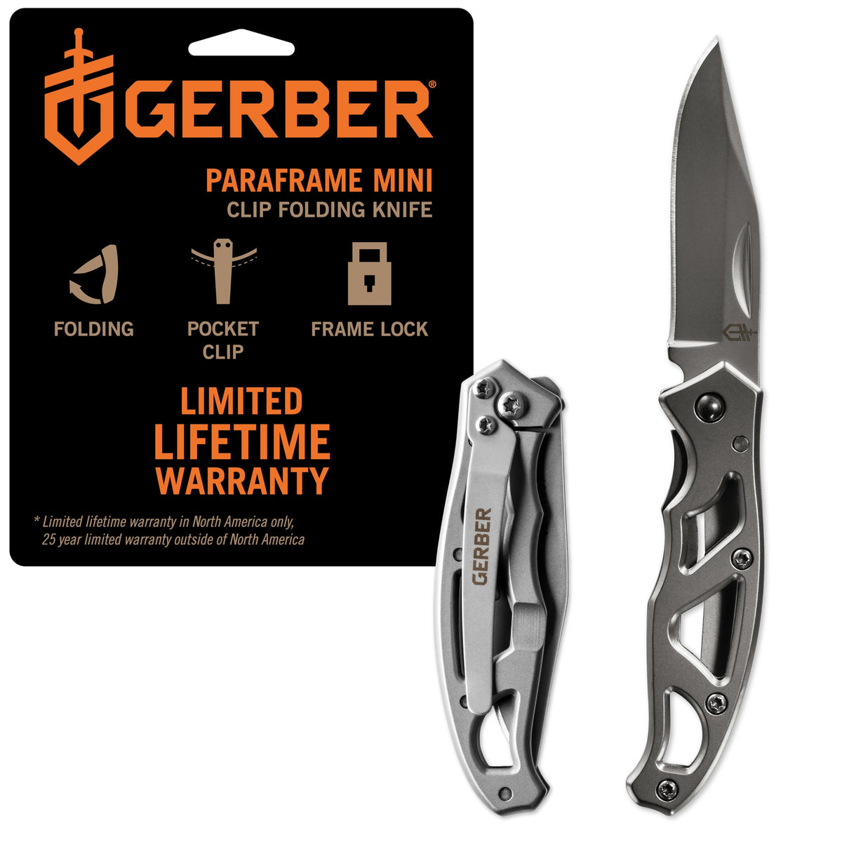 Gerber Paraframe Mini with clip-point blade, a compact cutting tool for everyday carry.