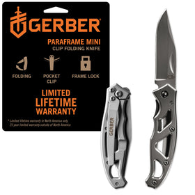 Gerber Paraframe Mini with clip-point blade, a compact cutting tool for everyday carry.