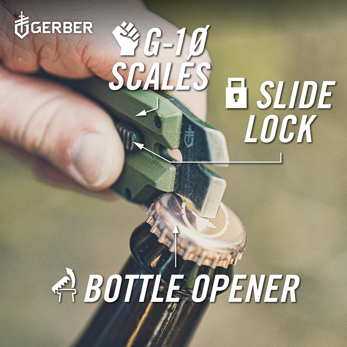 Gerber Prybrid cord cut notch helps manage rope and cords during setups.