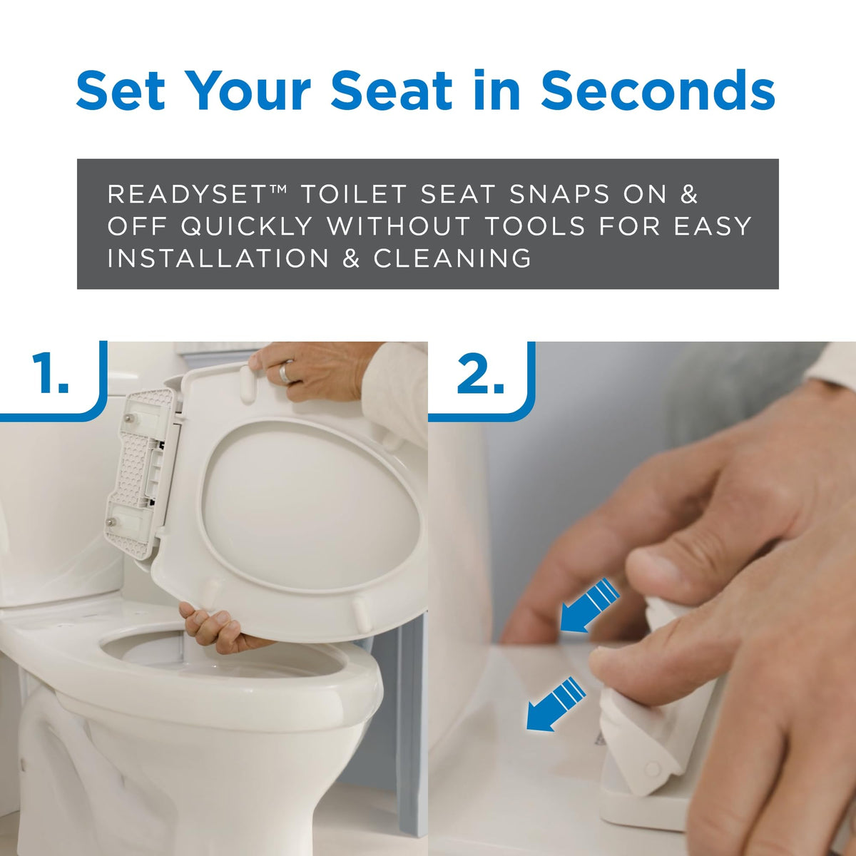Gerber ReadySet soft-close seat close-up shows tool-free installation.