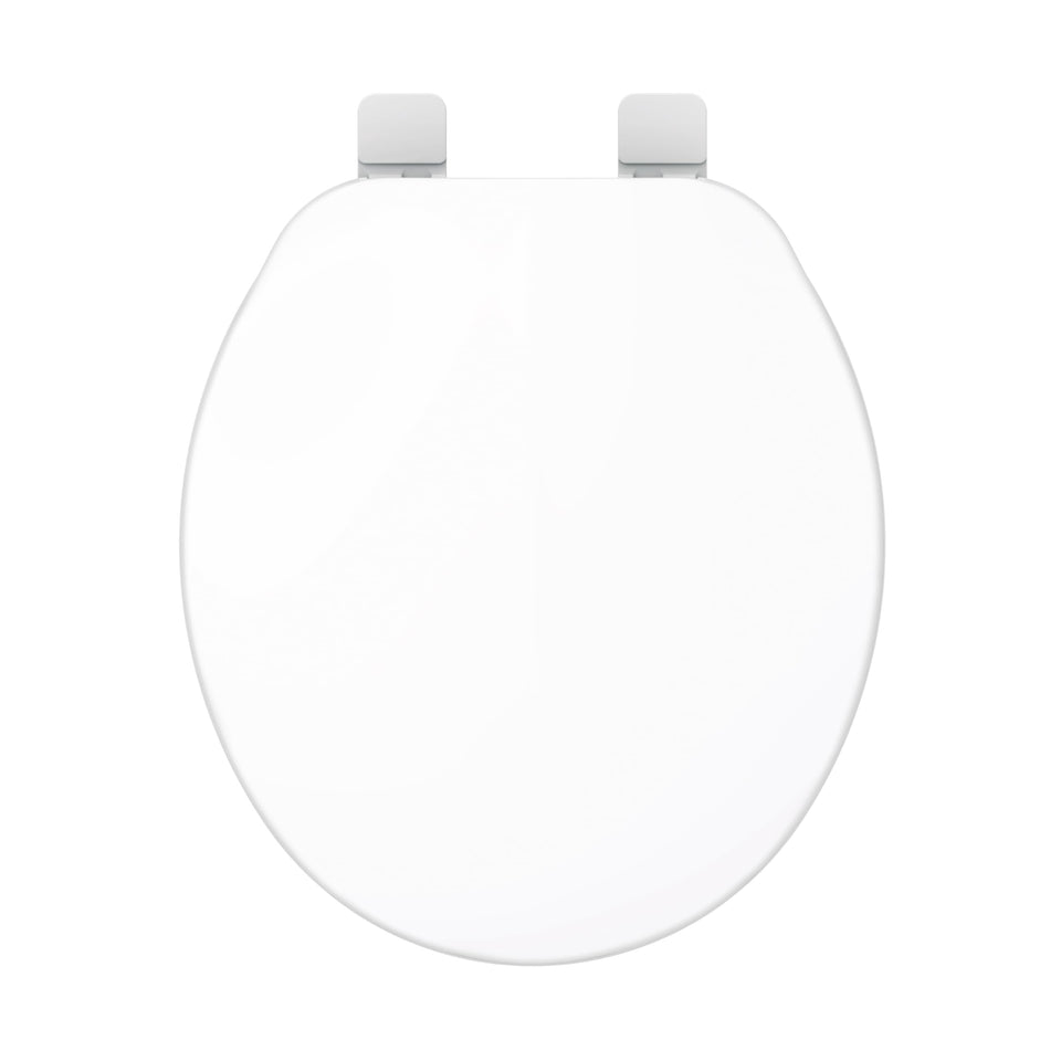 Gerber round front toilet seat white closed view highlighting clean, simple bathroom upgrade