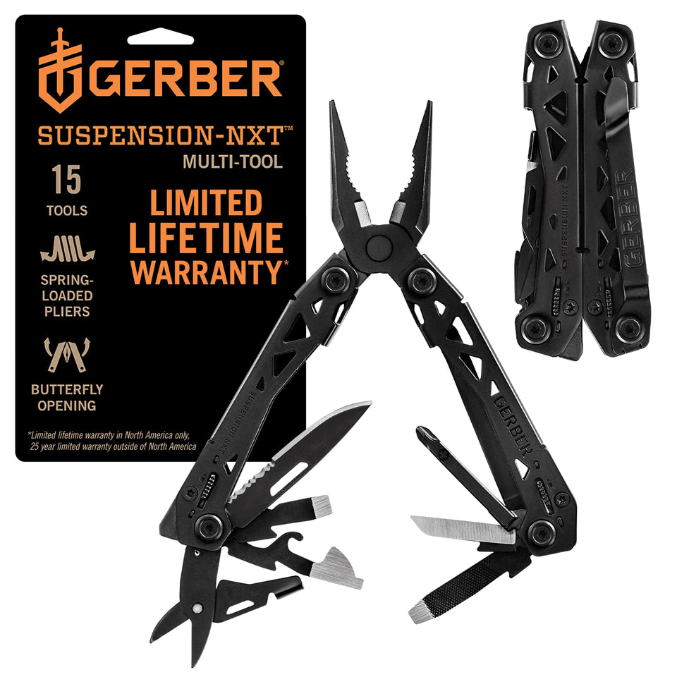 Gerber Suspension-NXT multitool close-up on needle-nose pliers for precise grip tasks.