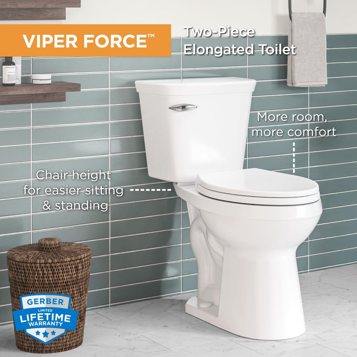 Gerber Viper Force toilet side view highlights ADA-height comfort and fit.