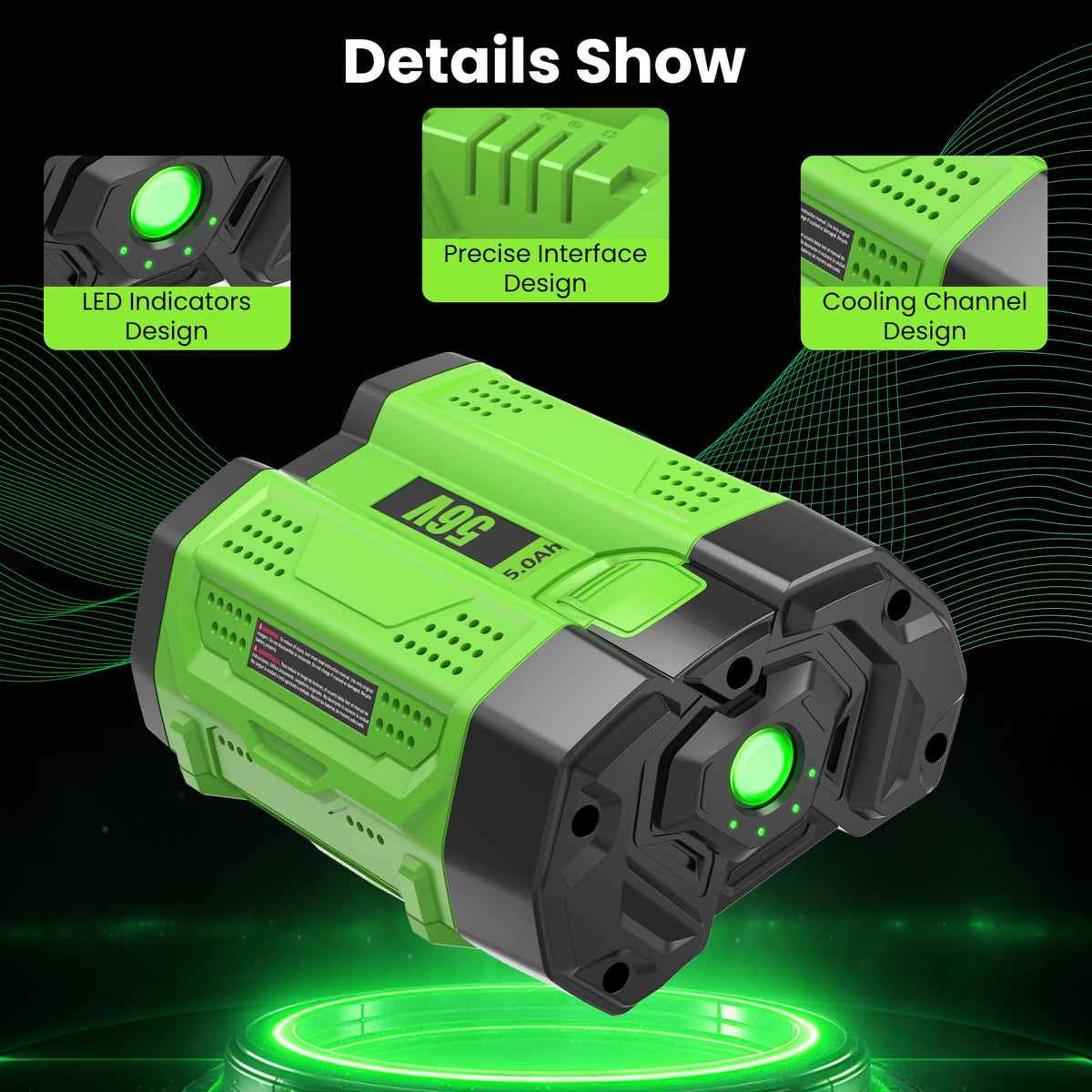 GERIT BATT 56V 5.0Ah label closeup emphasizes safety features.