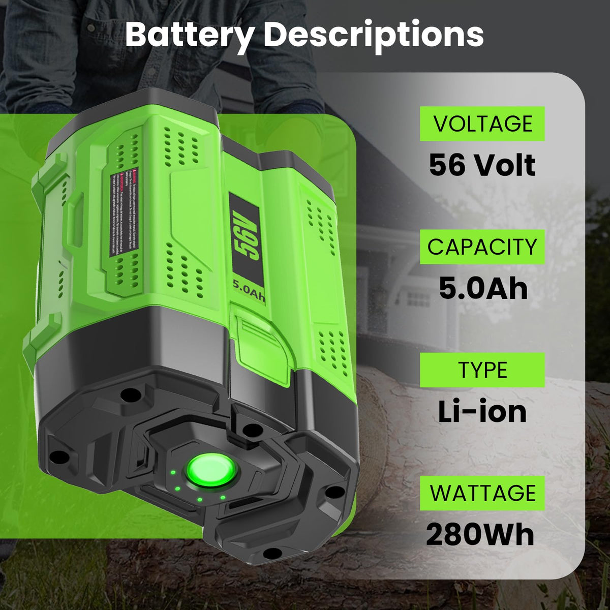 GERIT BATT 56V 5.0Ah side profile highlights portability.