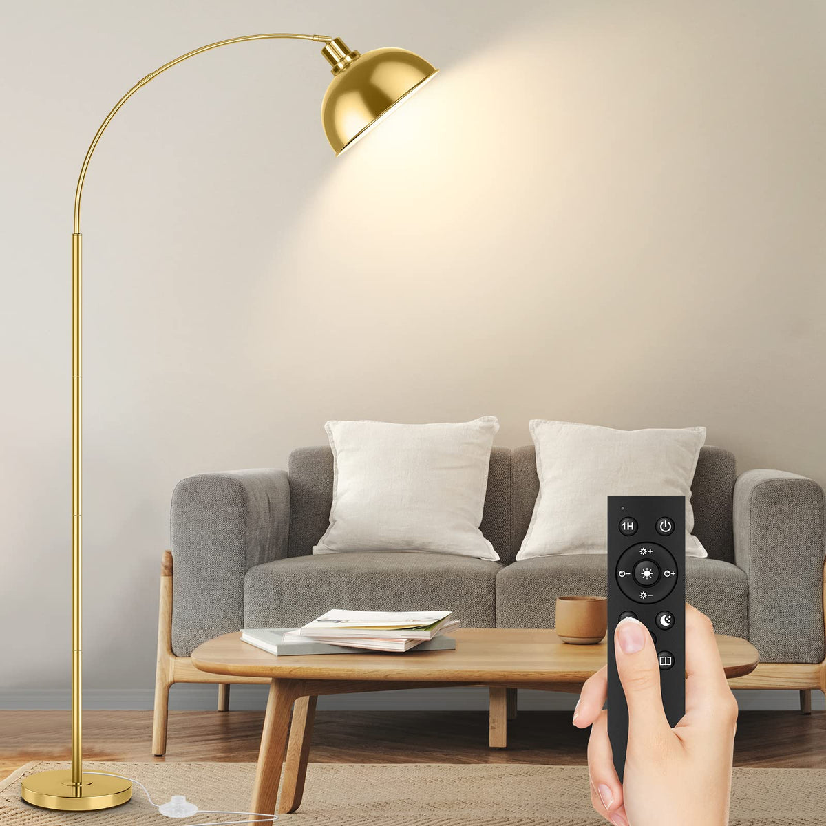 Gernehop Arc Floor Lamp with gold dome shade for elegant living room lighting