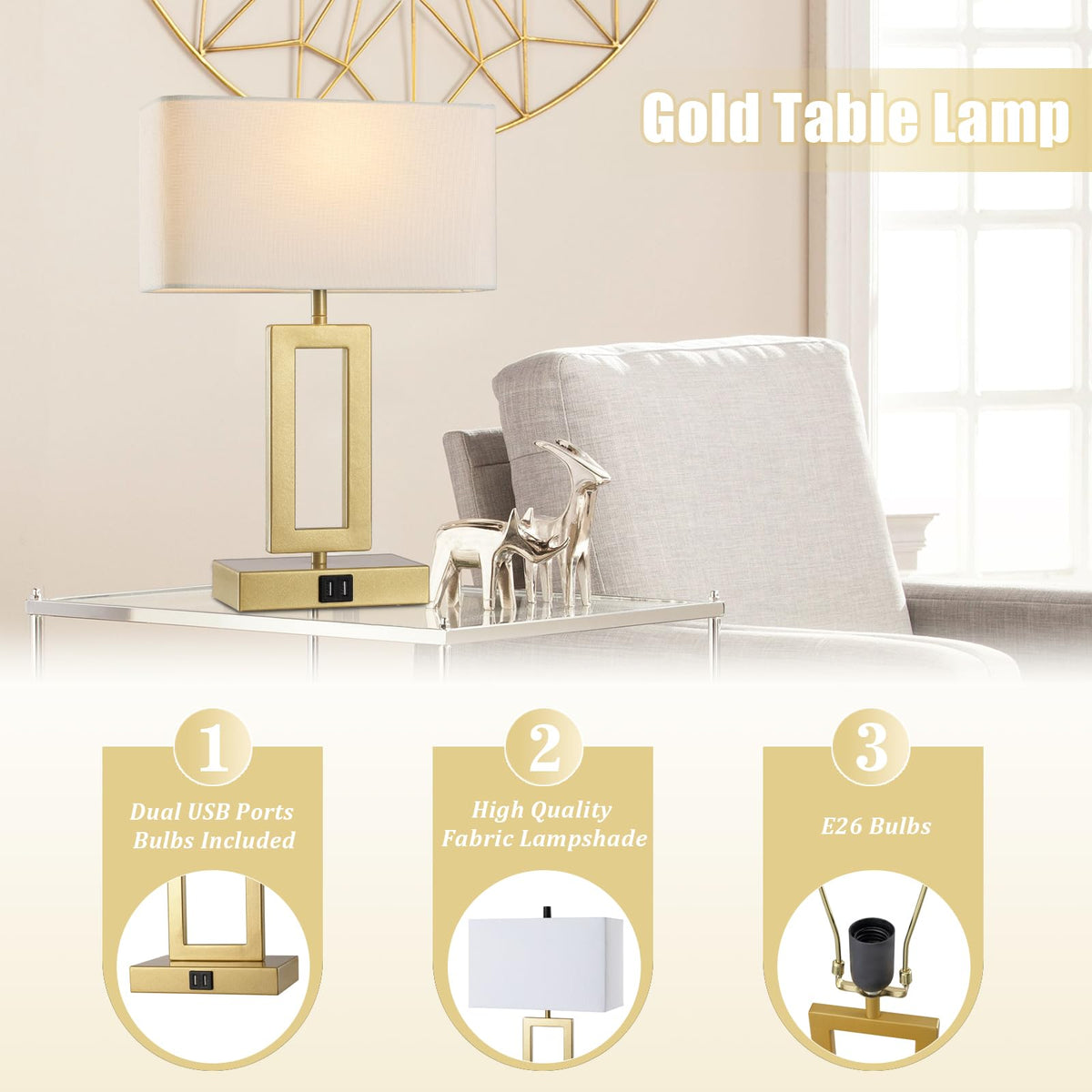 Gernehop gold table lamp includes LED bulbs for immediate use.