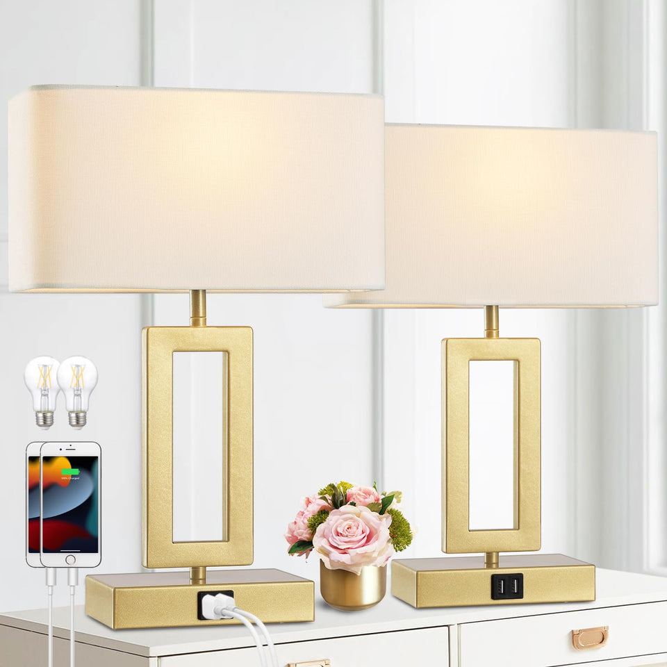 Gernehop gold table lamp set with base USB ports for easy charging.