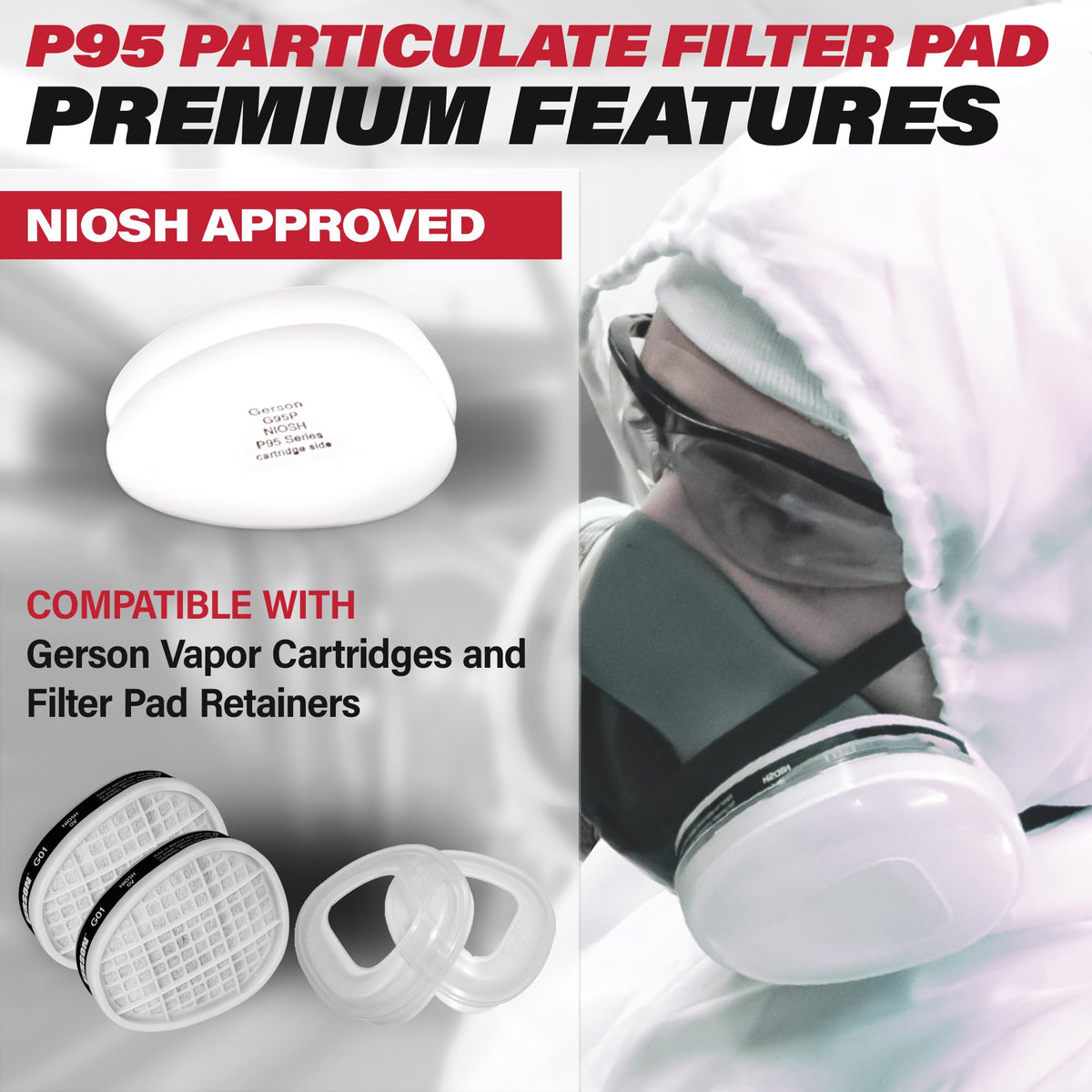 Gerson P95 filter pad packaging closeup highlighting cartridge compatibility.