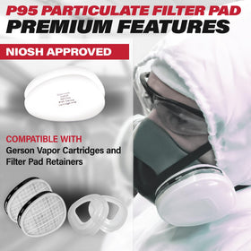 Gerson P95 filter pad packaging closeup highlighting cartridge compatibility.