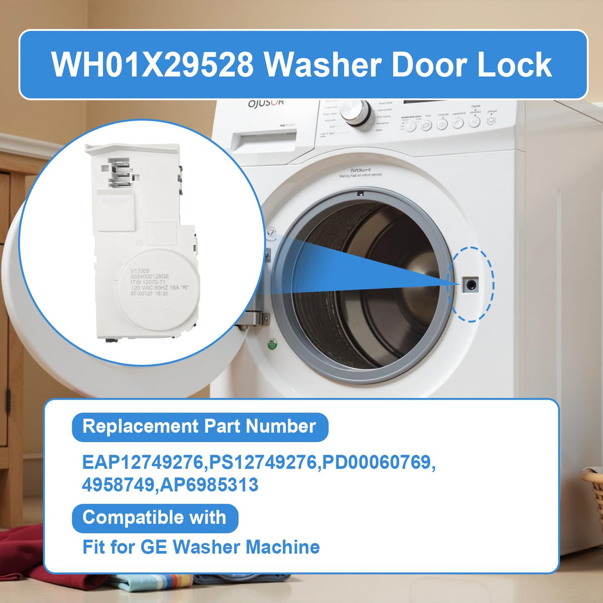 Gesleben door lock installed on GE washer for reliable operation.