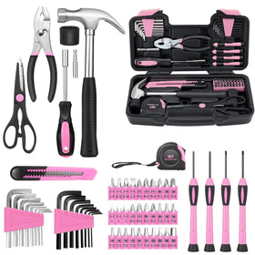GETFOO 58-piece pink home tool set in a compact storage case for easy home repairs.