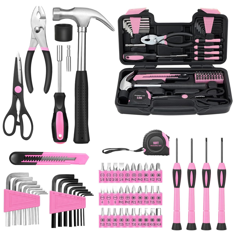 GETFOO 58-piece pink home tool set in a compact storage case for easy home repairs.