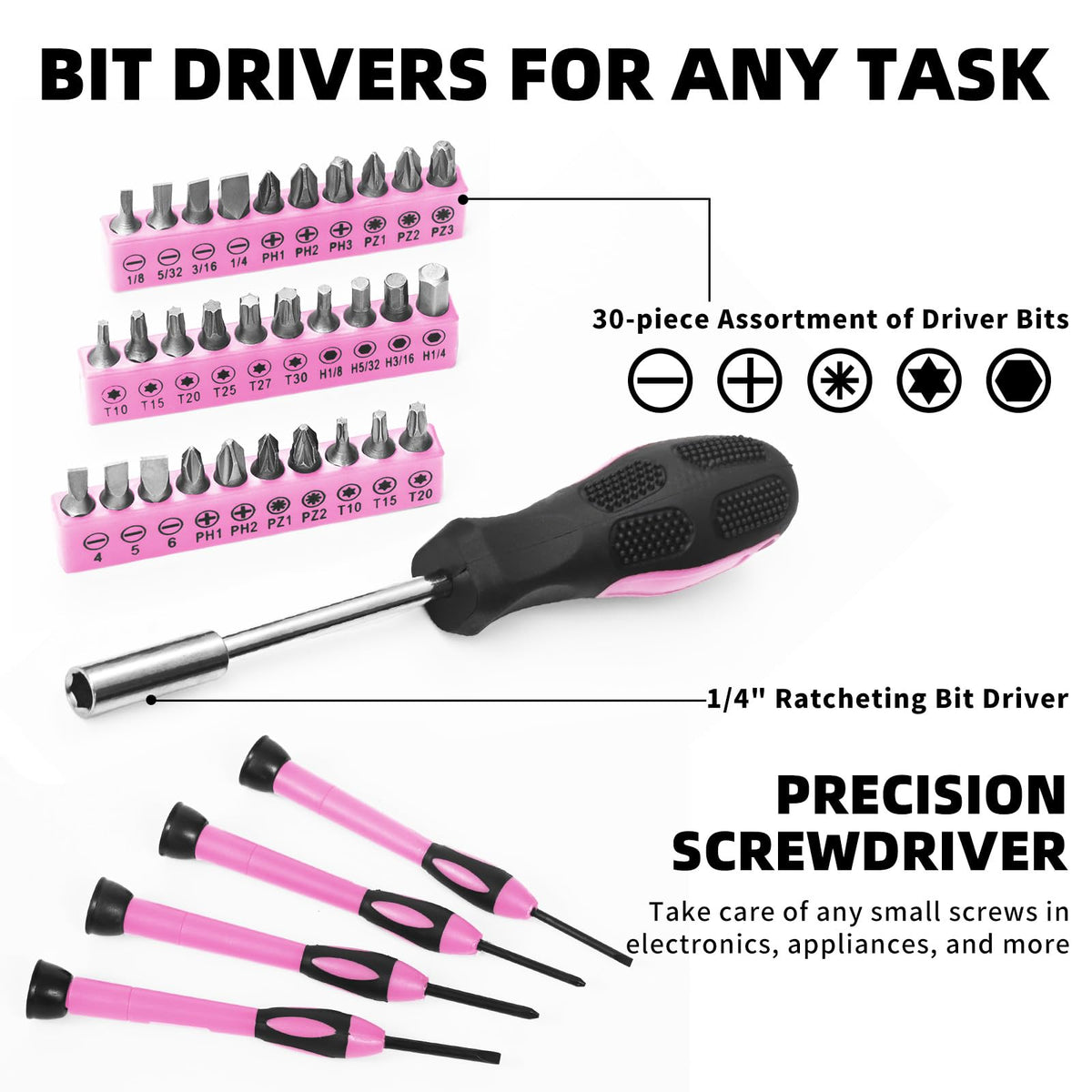 GETFOO pink screwdriver bits support versatile fasteners for quick DIY tweaks.