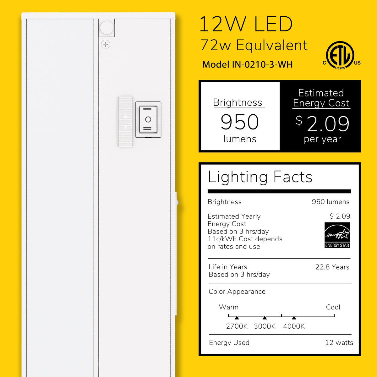 Getinlight IN-0210-3 side profile highlights compact under-cabinet form.