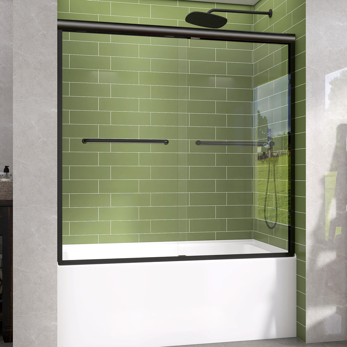 GETPRO tub door demonstrates width adjustment from 56 to 60 inches for a flexible fit.