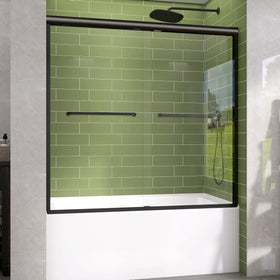 GETPRO tub door demonstrates width adjustment from 56 to 60 inches for a flexible fit.