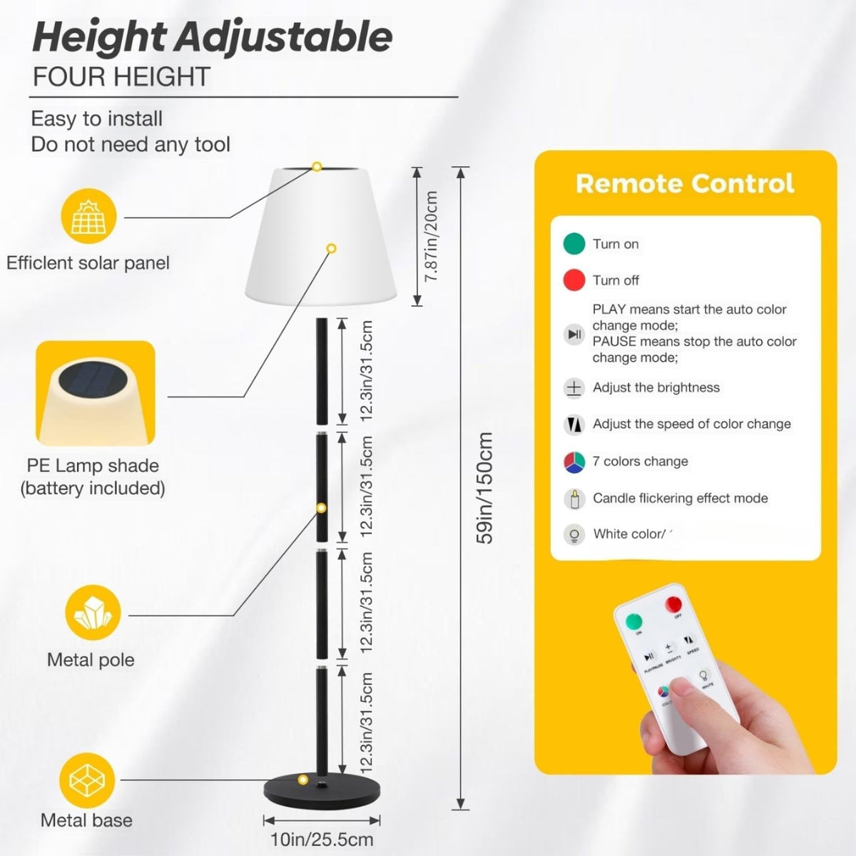 Gewiny easy-assembly lamp with four height settings for patios and gardens.