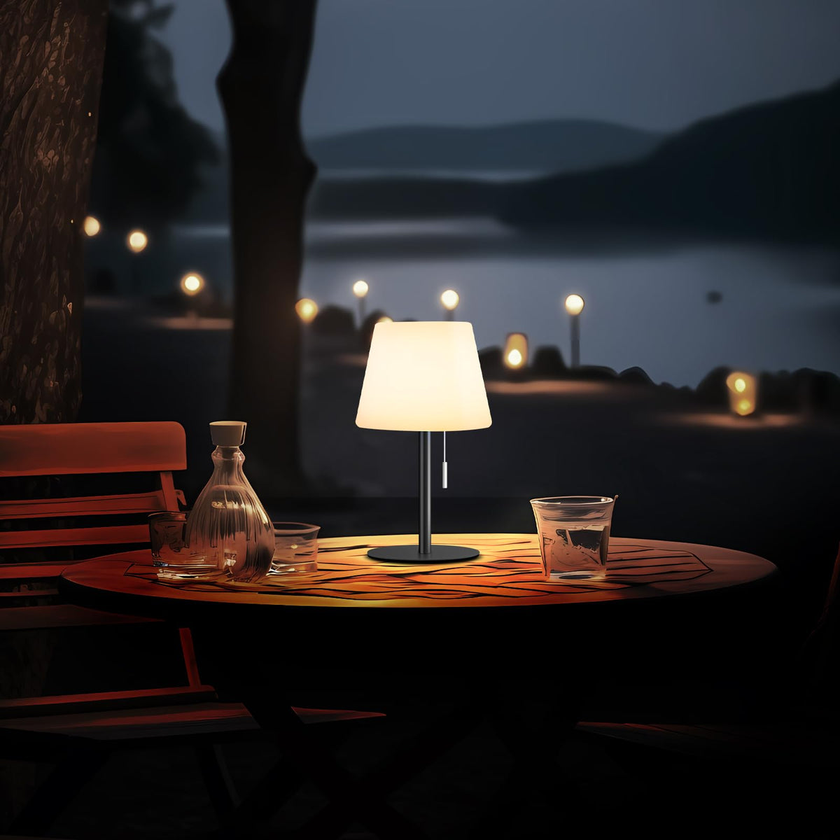 Gewiny compact table lamp adds versatile lighting to terraces and balconies.
