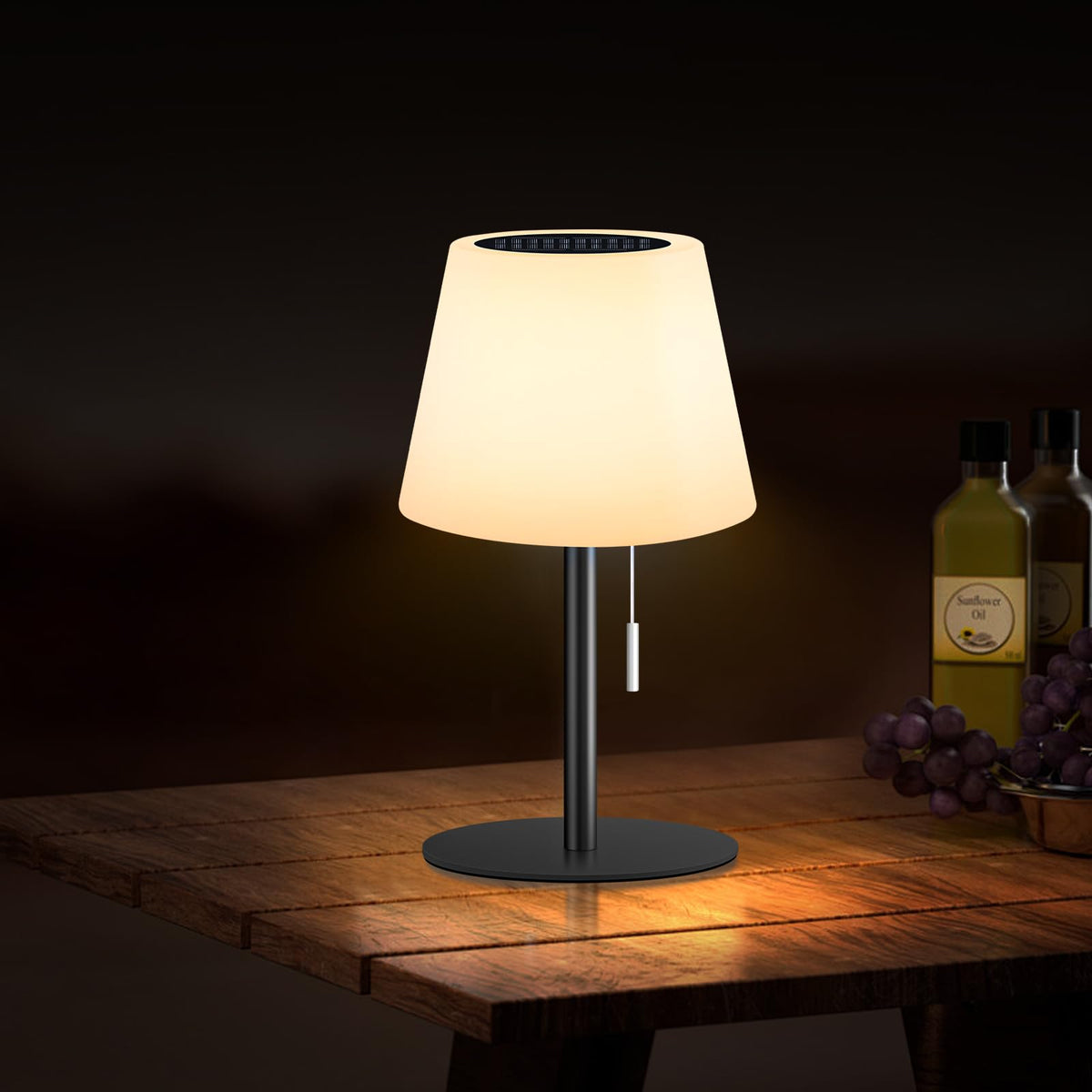 Gewiny solar table lamp outdoors at dusk for energy-efficient patio illumination.