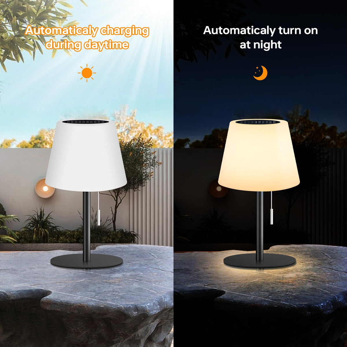 Gewiny lamp emits warm white light, ideal for intimate evenings on the patio.