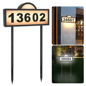 GEYUEYA Home LED solar address sign glowing in warm white for better street visibility.