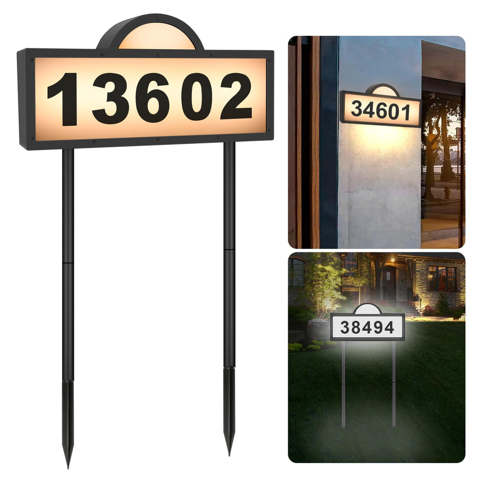 GEYUEYA Home LED solar address sign glowing in warm white for better street visibility.