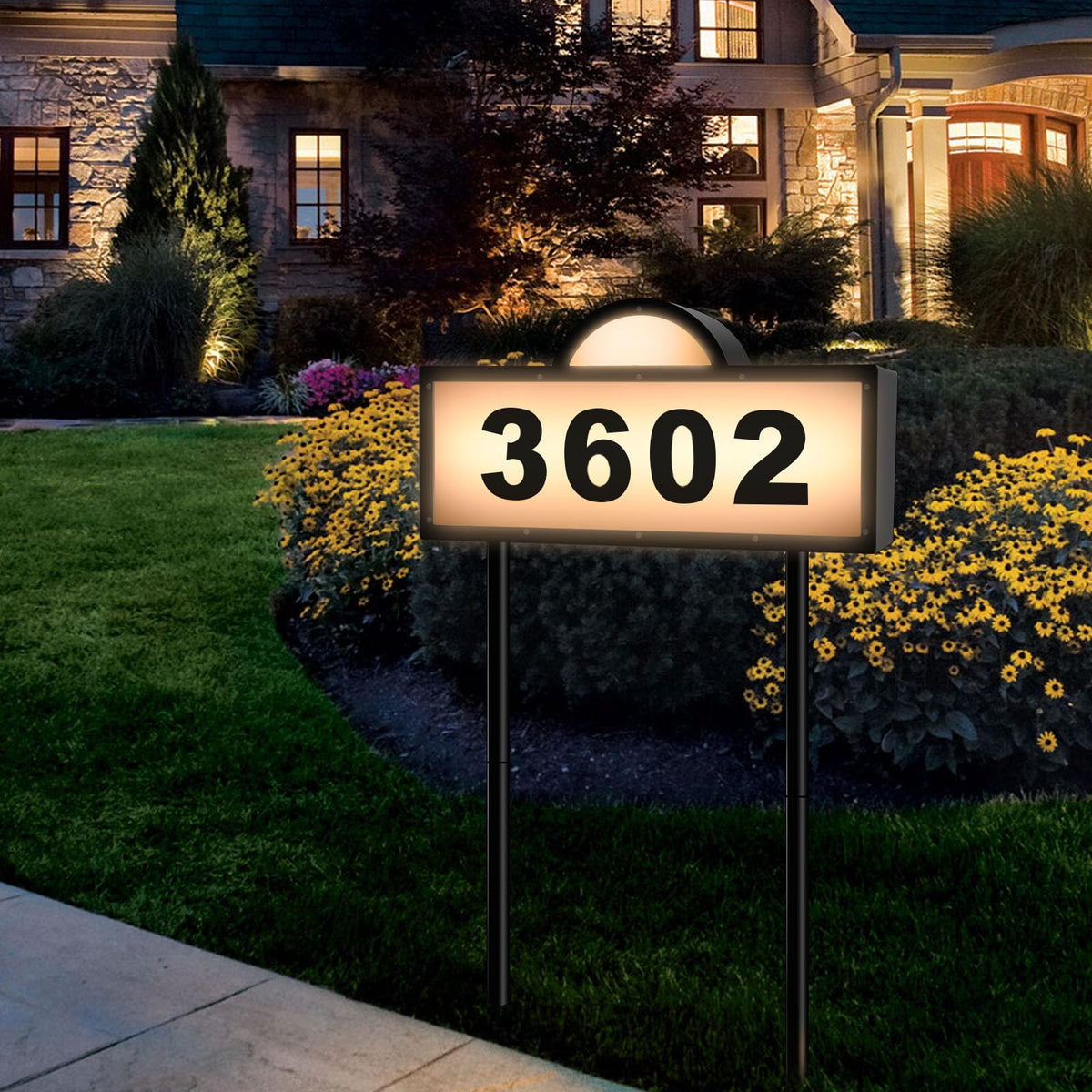 GEYUEYA Home solar address sign on wall with warm white lighting for night visibility